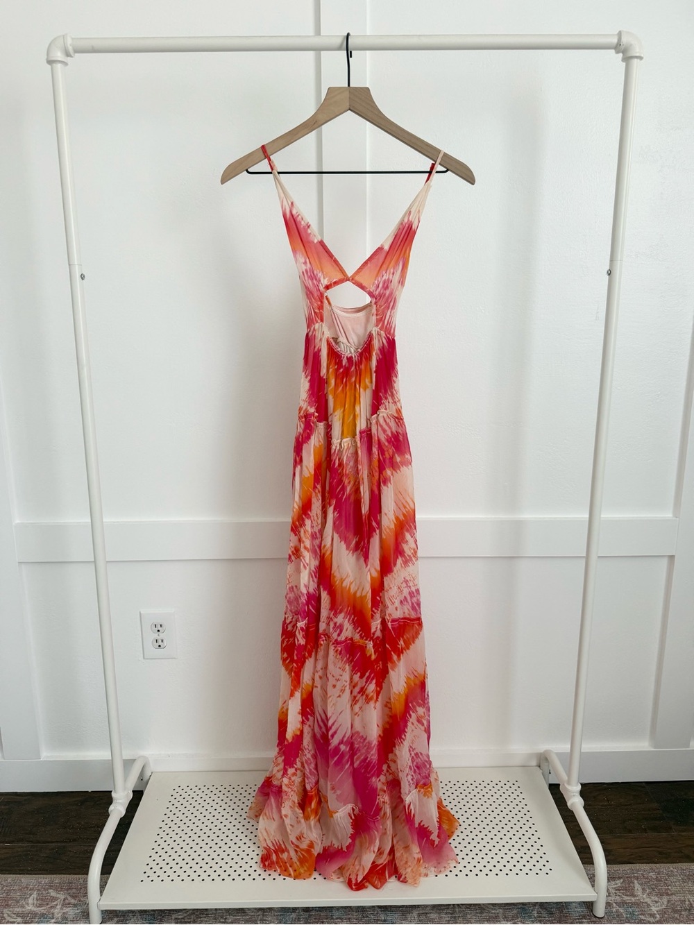 Rococo Sand Orange & Pink Tiered Cutout Maxi Dress